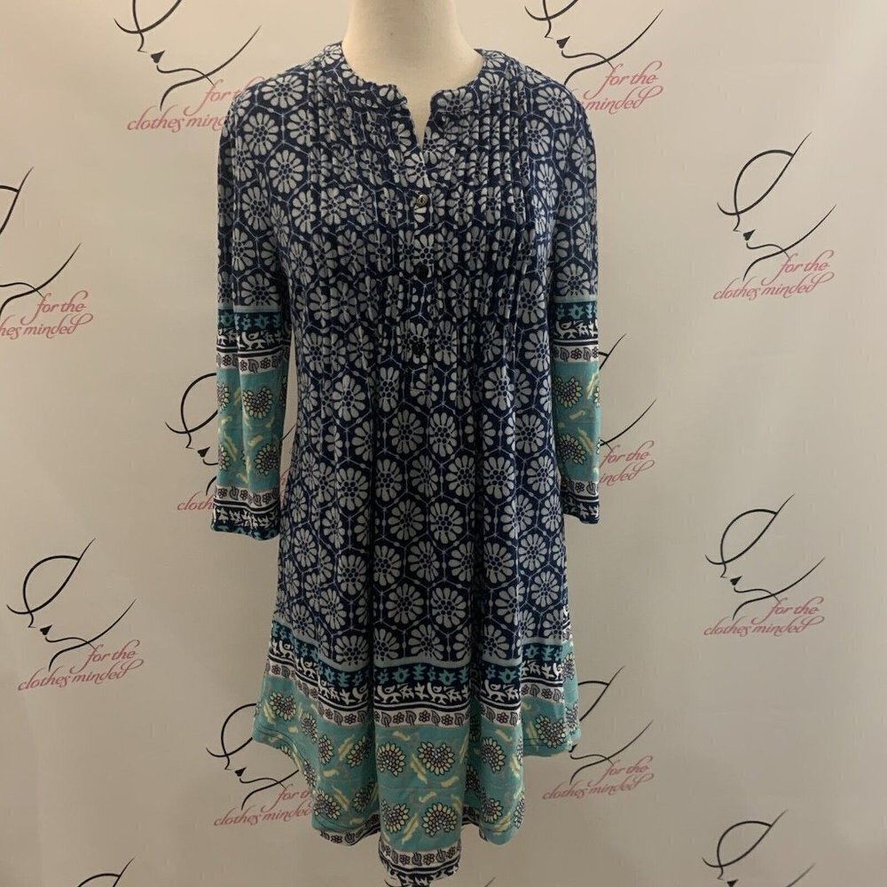 REBORN. Size Small. BOHO Border Print Dress. Pin Tucked Bodice. Pullover. B36